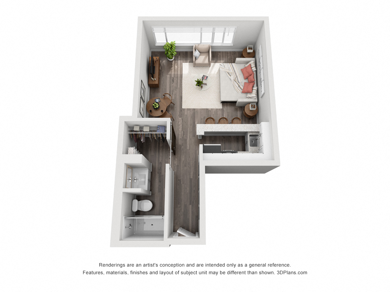 Floor plan for studio, 1 bath, 407 sqft